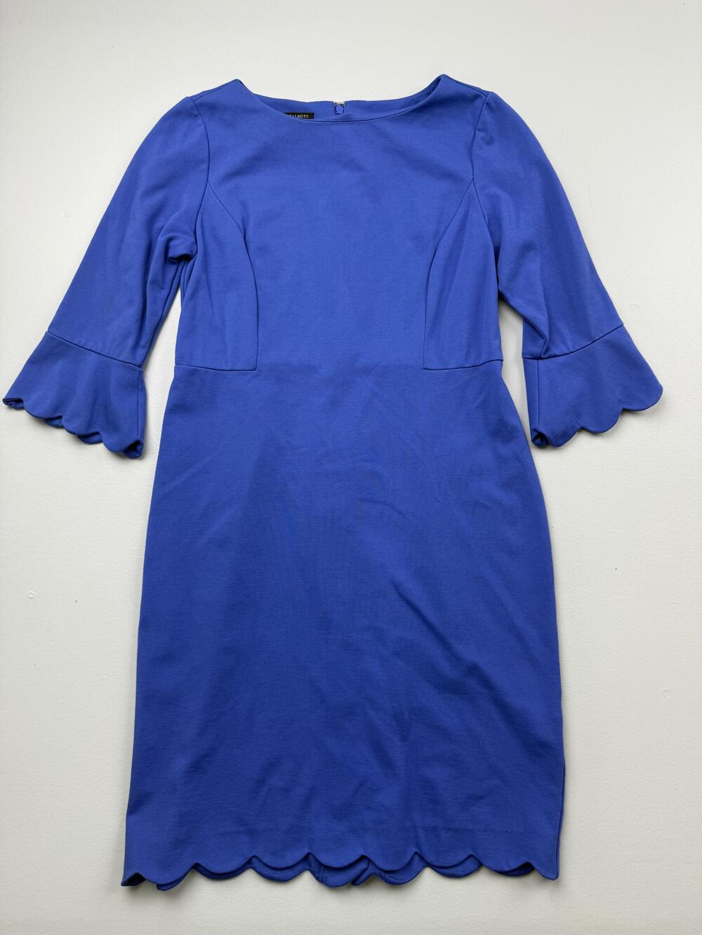 Talbots Dress Womens 8P Blue 3/4 Bell Sleeve Sheath Scallop Hem Knee Length